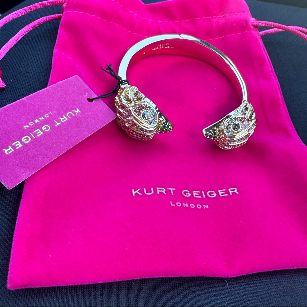 NWT KURT GEIGER Gold Maximalist and Sparkly Rainbow Crystal Eagles Hinged Bangle